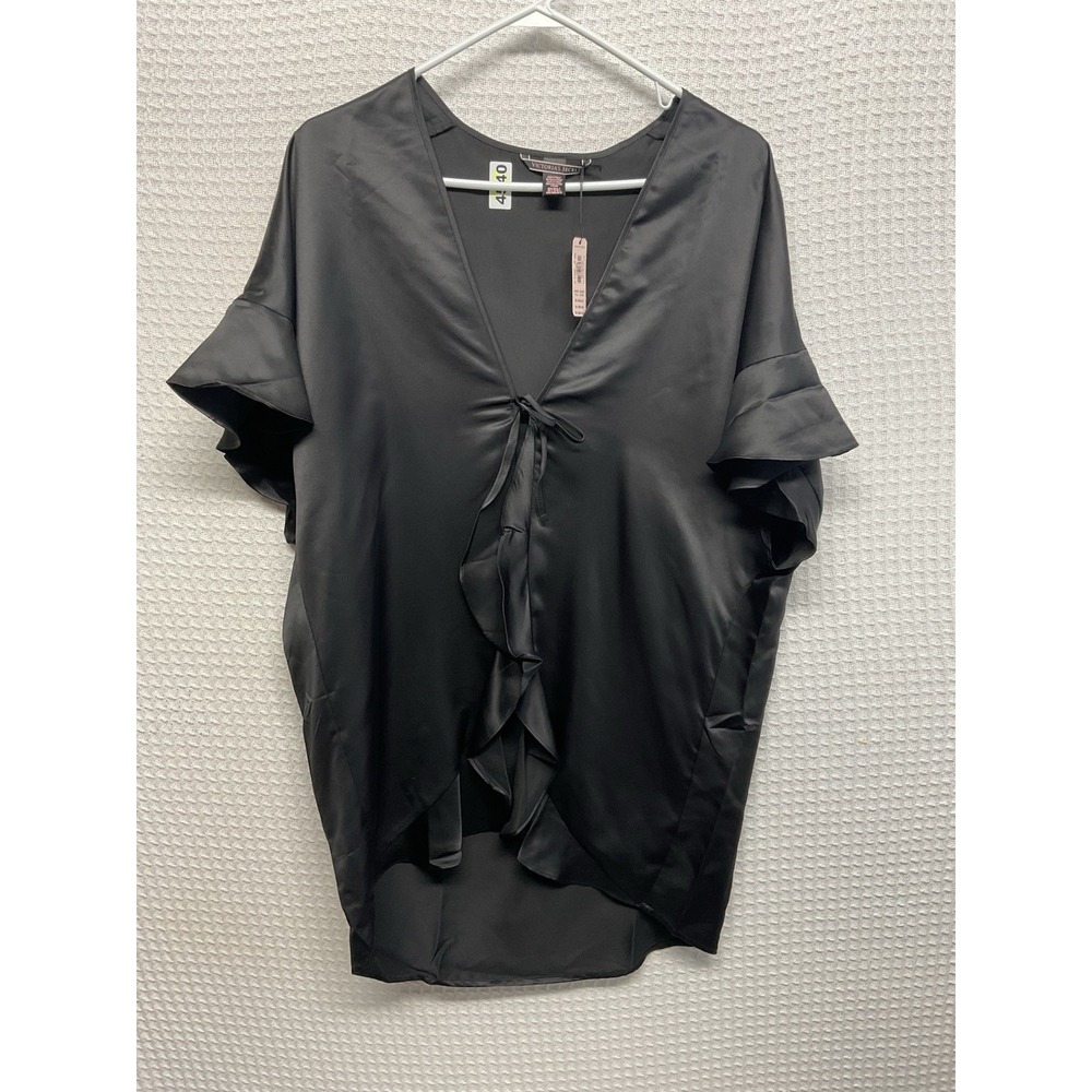 New Victorias Secret Love Kimono Robe Solid Black Satin Size One Size Tie Front
